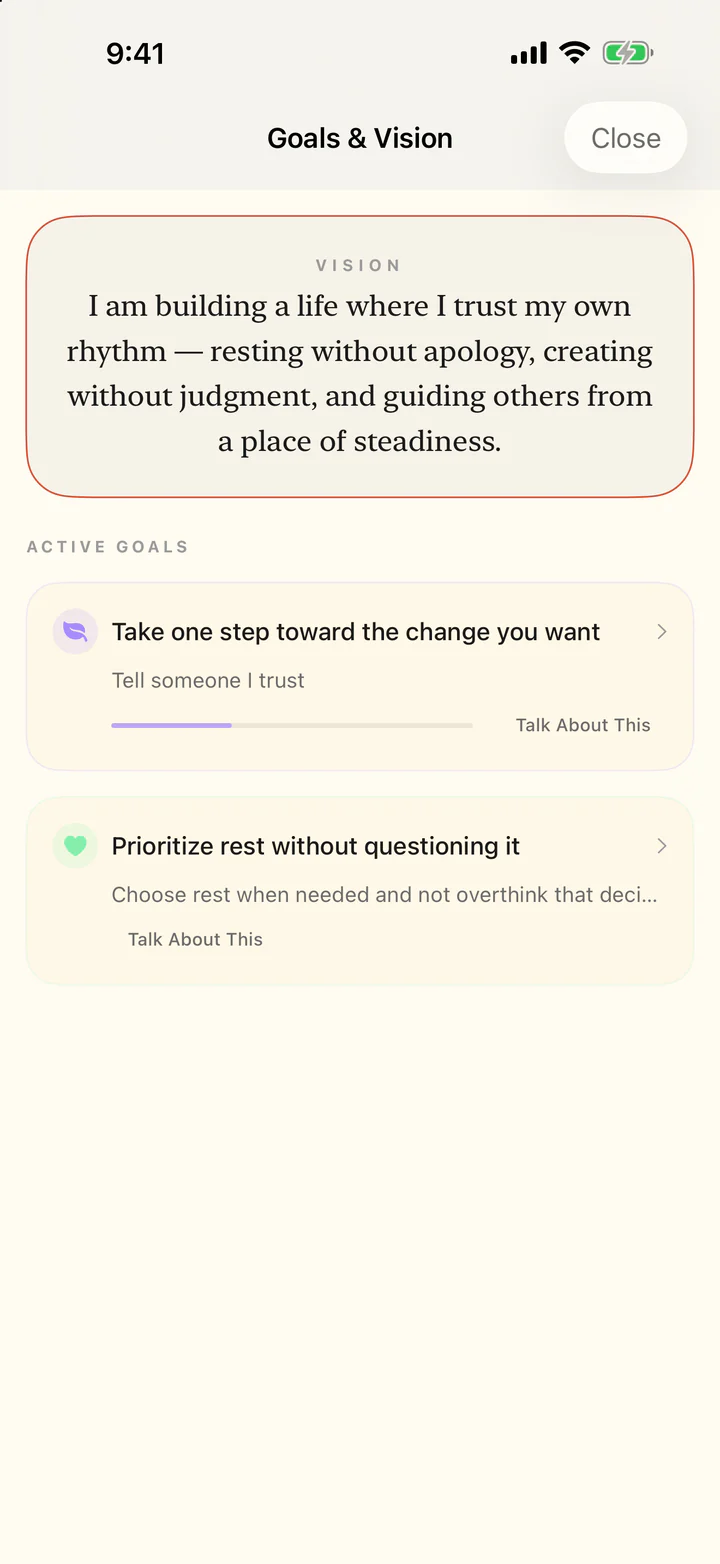 Goals and Vision screen with a personal vision statement and active goals.