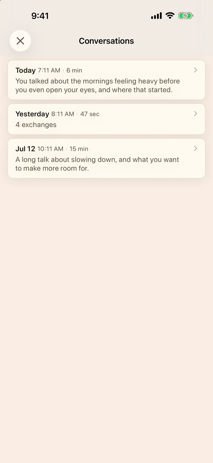 Conversations screen listing past talks with short summaries.