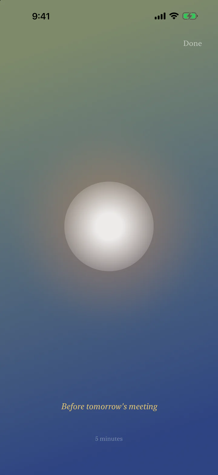Example app content (Maya is fictional): a five-minute meditation with her intention, Before tomorrow's meeting.